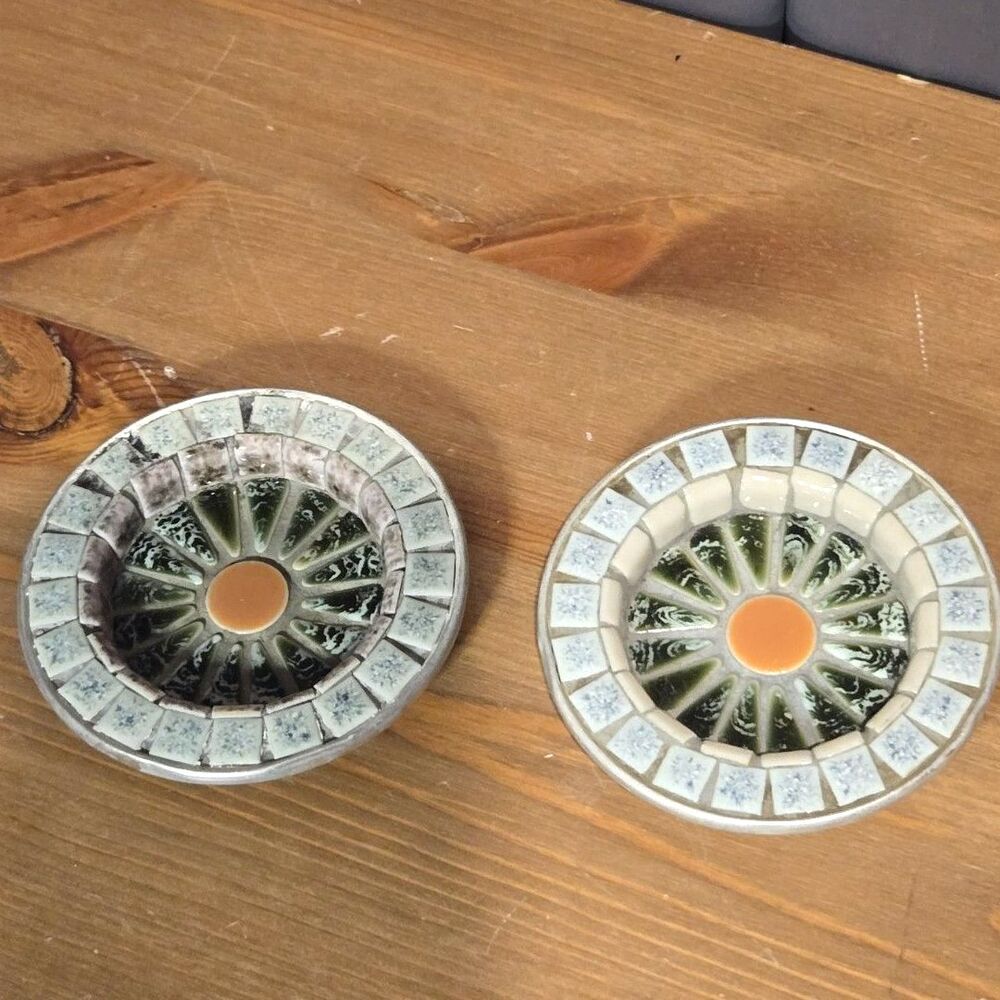 2 Vintage MCM Mosaic Tile Coasters Trinket Dishes, 4"